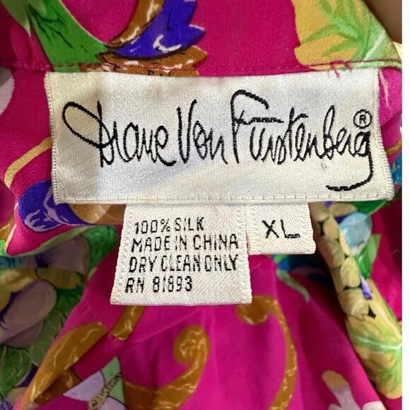 VTG Diane Von Furstenberg XL 100% Silk Button Up Blouse Floral Tropical Resort - Picture 3 of 16